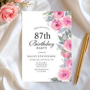 Feminine Pink Watercolor Floral Chic 87th Birthday Invitation