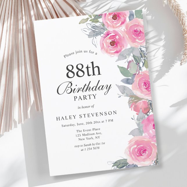 Feminine Pink Watercolor Floral Chic 88th Birthday Invitation (Creator Uploaded)