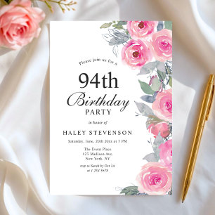 Feminine Pink Watercolor Floral Chic 94th Birthday Invitation