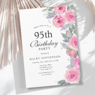 Feminine Pink Watercolor Floral Chic 95th Birthday Invitation