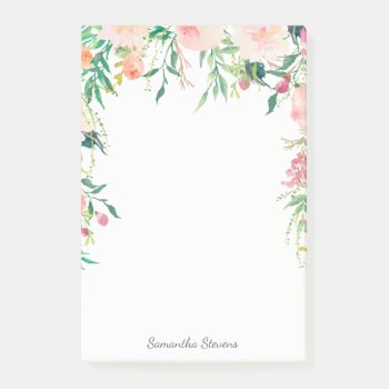 Feminine Pink Watercolor Floral With Your Name Post-it Notes by DancingPelican at Zazzle