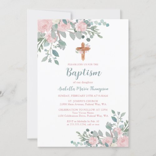 Feminine Pink Watercolor Flowers Girl Baptism Invitation