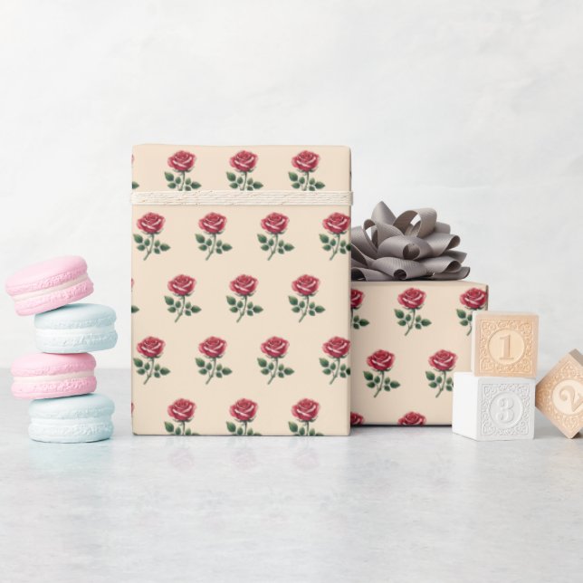 Feminine Pink Watercolor Roses on Warm Sand Wrapping Paper (Baby Shower)