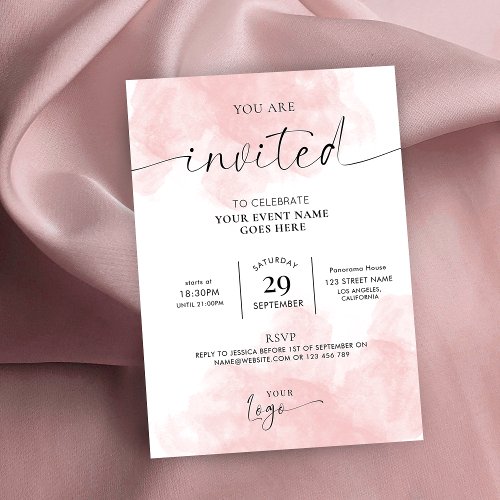 Feminine Pink Watercolor Script Logo Business Invitation