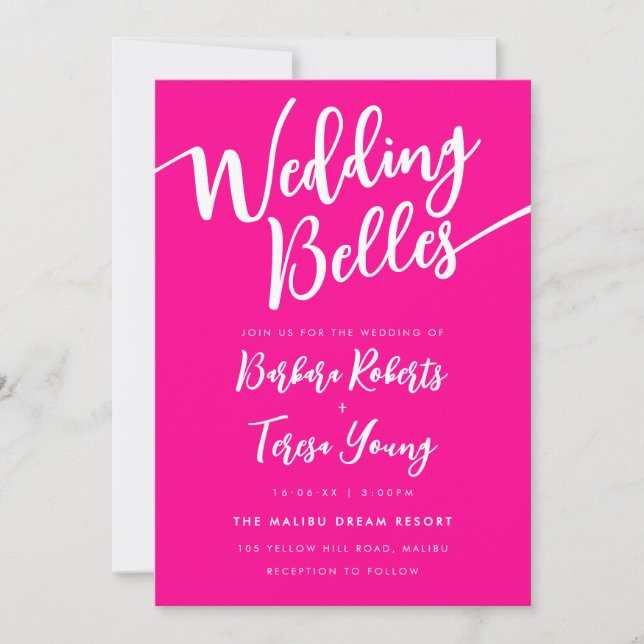 Feminine Pink White Bells Script Lesbian Wedding Invitation (Front)