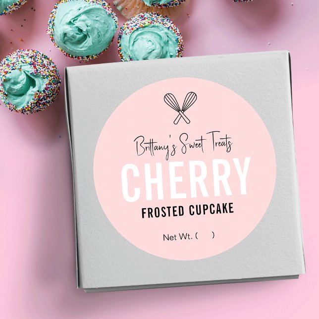 Feminine Pink & White Desserts Packaging Design Classic Round Sticker (Creator Uploaded)