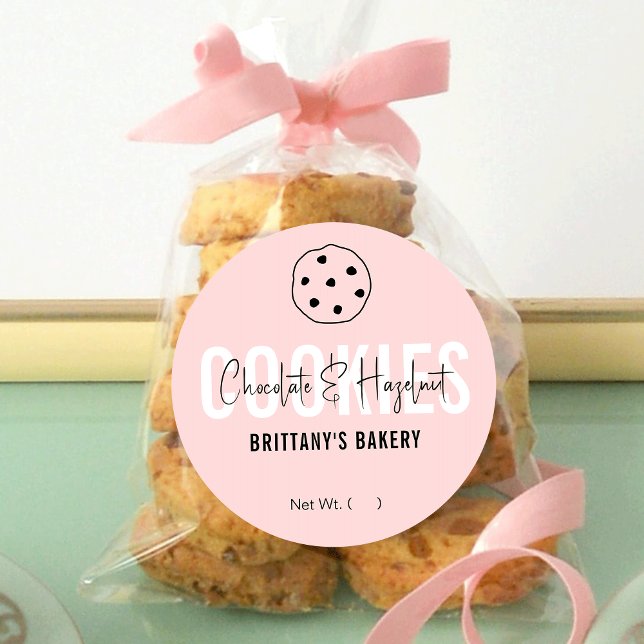 Feminine Pink & White Modern Cookies Packaging Classic Round Sticker (Creator Uploaded)