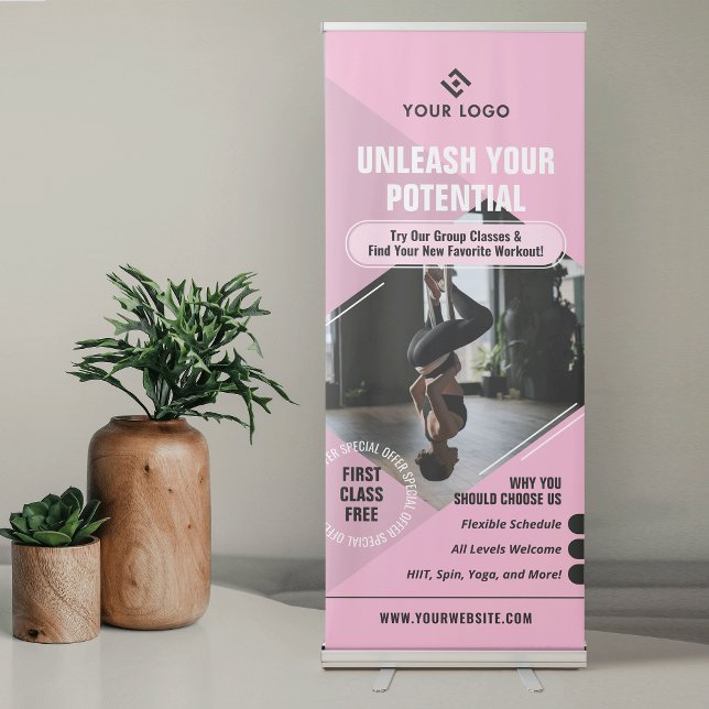 Feminine Pink Yoga Studio Logo Marketing Photo Gym Retractable Banner (Feminine blush pink and black promotional pull up banner with photo and custom text)