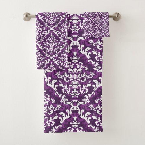 Feminine Purple and White Damask Floral Bath Towel Set