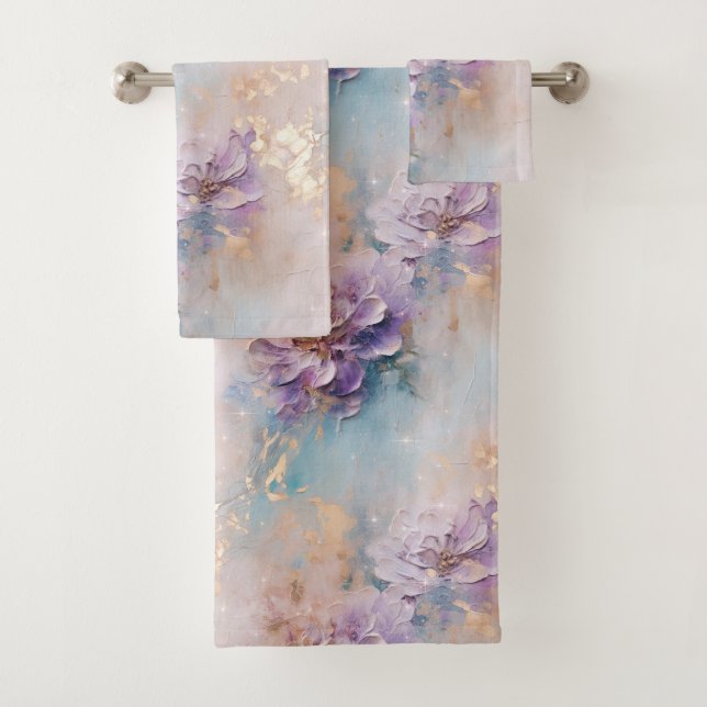 Feminine Purple Blue and Gold Floral Bath Towel Set (Insitu)