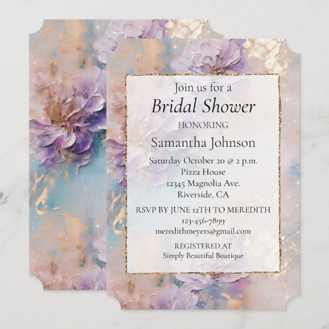 Feminine Purple Blue and Gold Floral Invitation (Front/Back)