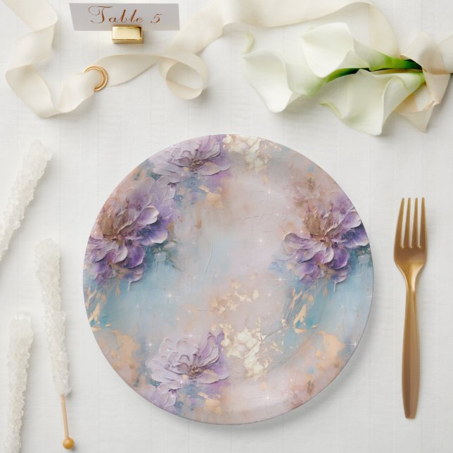Feminine Purple Blue and Gold Floral Paper Plates (Wedding)