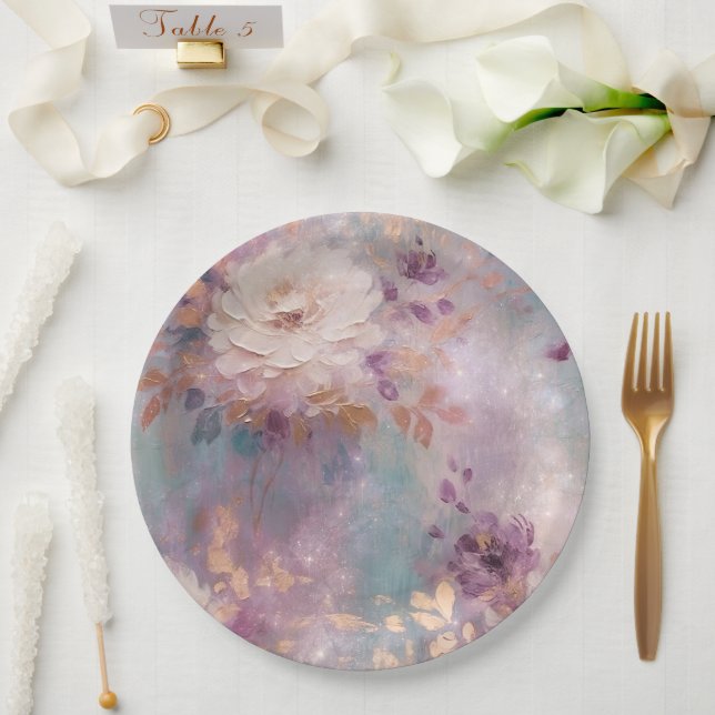 Feminine Purple Blue and Gold Floral Paper Plates (Wedding)