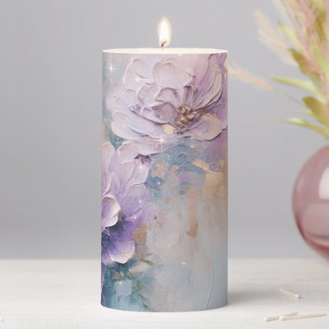 Feminine Purple Blue and Gold Floral Pillar Candle (In Situ)