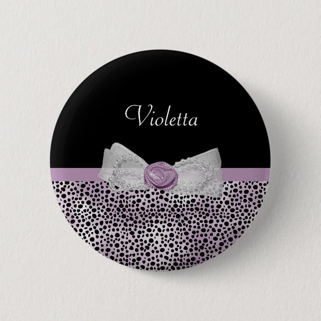 Feminine Purple Cheetah Print Girly Bow and Name Button (Front)