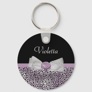 Feminine Purple Cheetah Print Girly Bow and Name Keychain