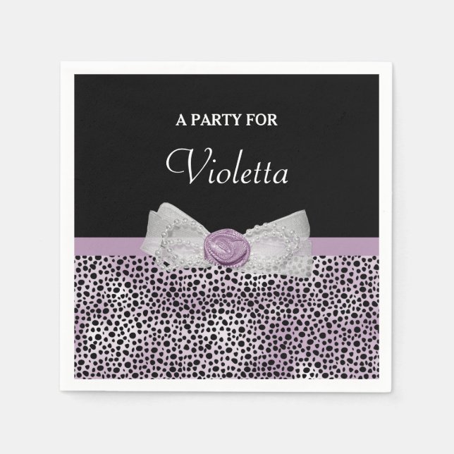Feminine Purple Cheetah Print Girly Bow Party Name Paper Napkins (Front)