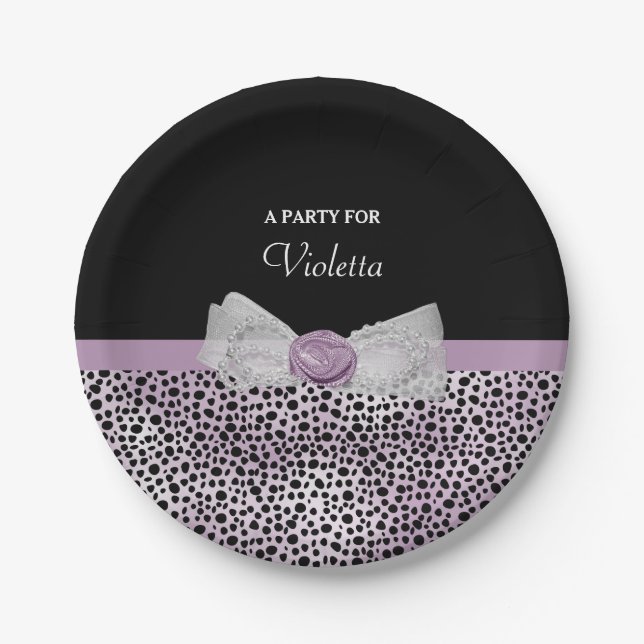 Feminine Purple Cheetah Print Girly Bow Party Name Paper Plates (Front)