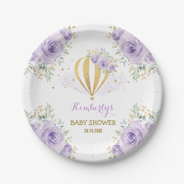 Feminine Purple Gold Hot Air Balloon Shower Party Paper Plates (Front)