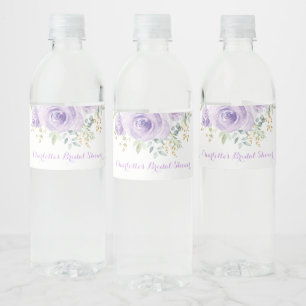 Feminine Purple Gold Watercolor Flower Rose Favors Water Bottle Label