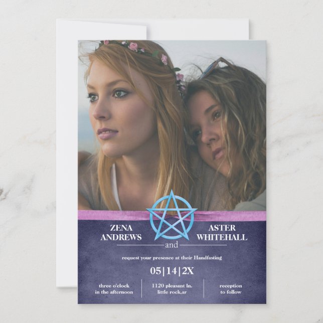 Feminine Purple Wicca Pentacle Handfasting Invitation (Front)
