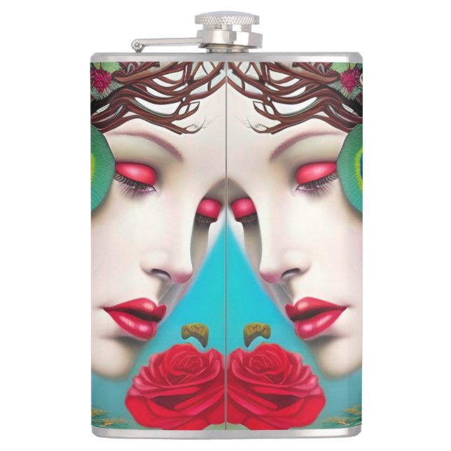 Feminine Red Lips and Roses Peacock Abstract  Flask (Front)