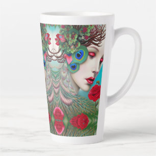 Feminine Red Lips and Roses Peacock Abstract   Latte Mug