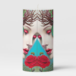 Feminine Red Lips and Roses Peacock Abstract Pillar Candle