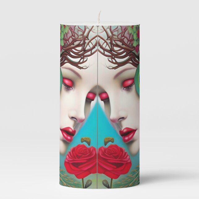 Feminine Red Lips and Roses Peacock Abstract Pillar Candle (Front)