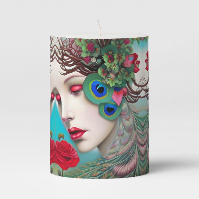 Feminine Red Lips and Roses Peacock Abstract Pillar Candle (Front)