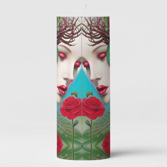 Feminine Red Lips and Roses Peacock Abstract Pillar Candle (Front)