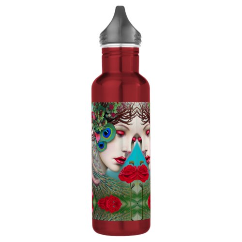 Feminine Red Lips and Roses Peacock Abstract   Stainless Steel Water Bottle