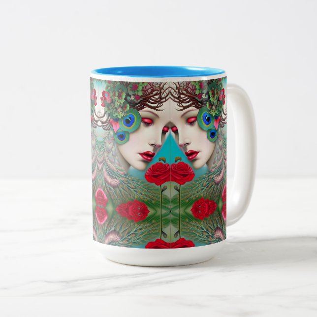 Feminine Red Lips and Roses Peacock Abstract  Two-Tone Coffee Mug (Front Right)
