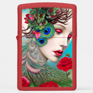 Feminine Red Lips and Roses Peacock Abstract Zippo Lighter