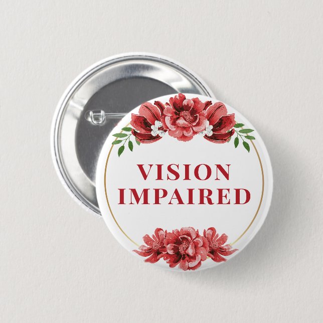 Feminine Red Wild Rose Floral Vision Impaired Button (Front & Back)