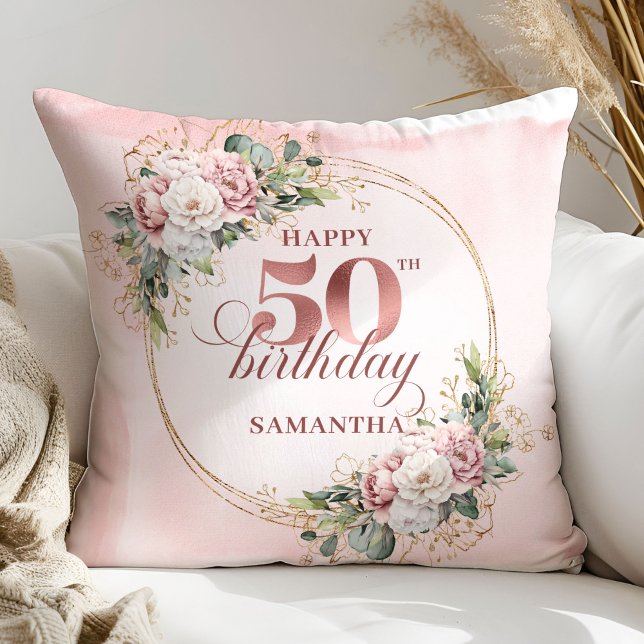 Feminine Rose Gold Blush Floral 50th Birthday Gift Throw Pillow (Feminine Rose Gold Blush Floral 50th Birthday Gift Pillow)