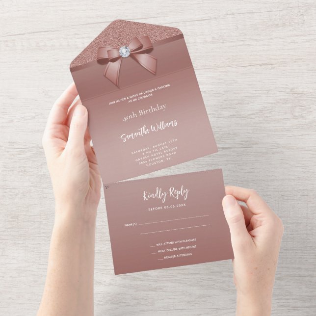 Feminine Rose Gold Gem Bow & Glitter Birthday All In One Invitation (Tearaway)