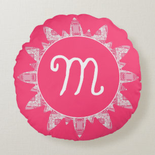 Feminine Rose Pink White Sunray Monogram Round Pillow