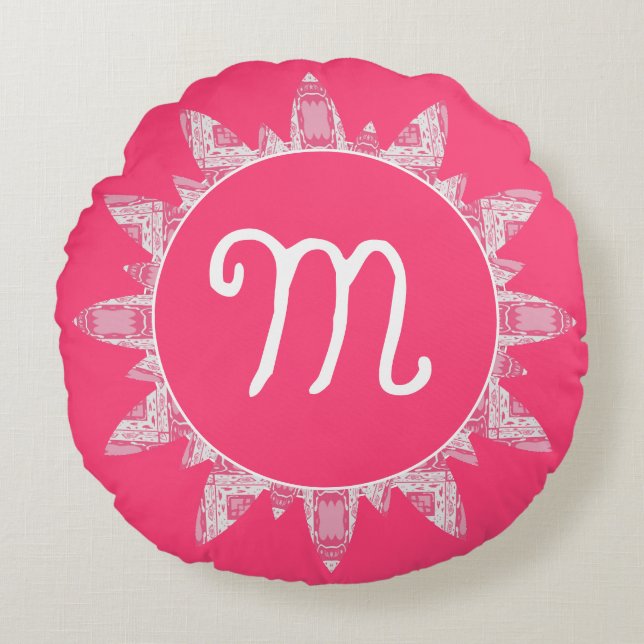 Feminine Rose Pink White Sunray Monogram  Round Pillow (Front)
