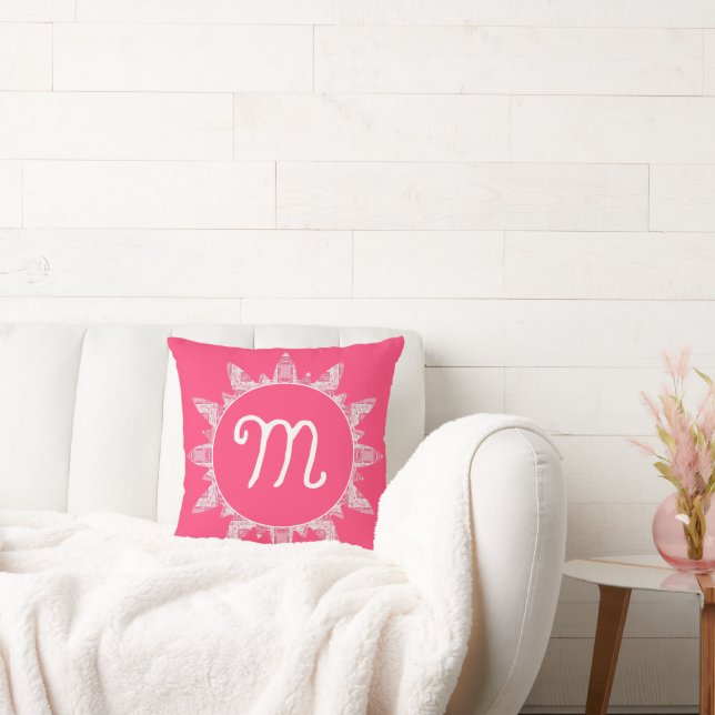 Feminine Rose Pink White Sunray Monogram  Throw Pillow (Couch)