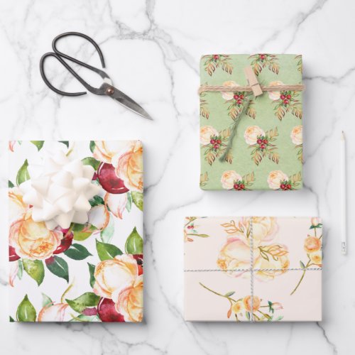 Feminine Roses Berries and Foliage Assortment of Wrapping Paper Sheets