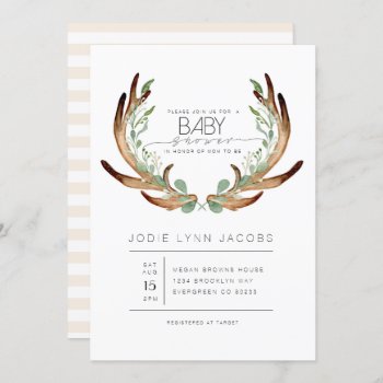 Feminine Rustic Antlers | Watercolor Baby Shower Invitation by RedefinedDesigns at Zazzle