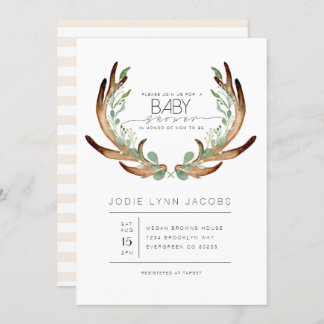 Feminine Rustic Antlers | Watercolor Baby Shower Invitation