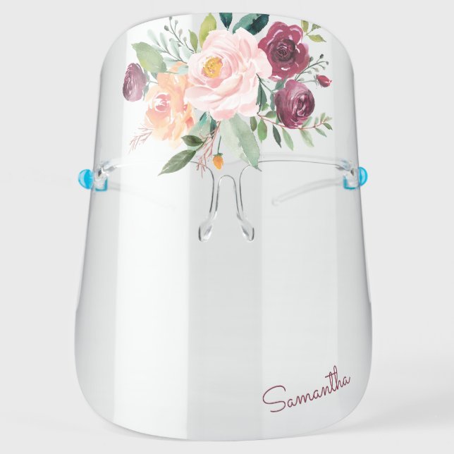 Feminine Rustic Floral Bouquet with Your Name Face Shield (Front)