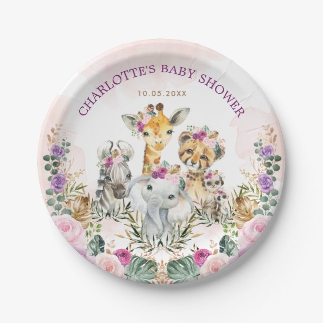 Feminine Safari Jungle Wild Animals Boho Baby Girl Paper Plates (Front)