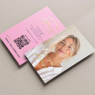 Feminine Script Blush Pink & Gold QR Code Photo Foil Business Cards