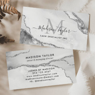 Feminine Silver Gray Glitter Marble Agate Monogram Business Card