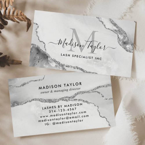 Feminine Silver Gray Glitter Marble Agate Monogram Business Card