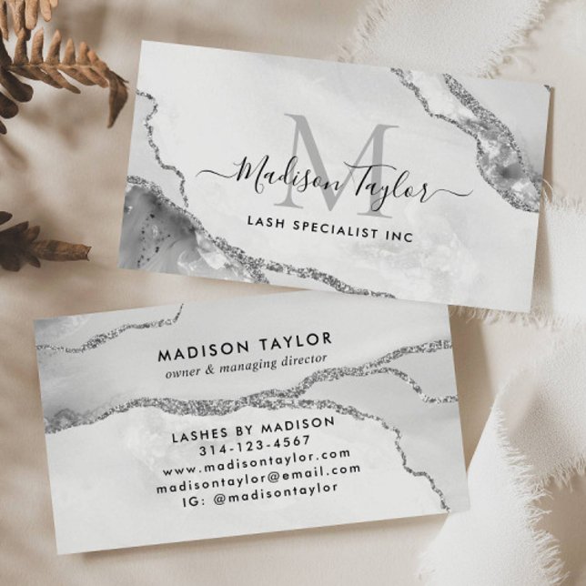 Feminine Silver Gray Glitter Marble Agate Monogram Business Card (Creator Uploaded)