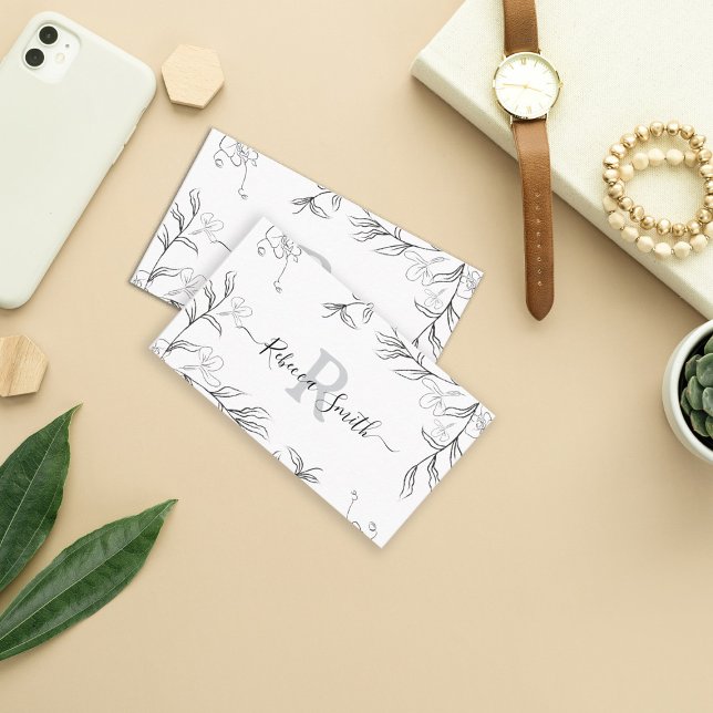 Feminine Sketch Gray Floral QR Code  Business Card (Creator Uploaded)